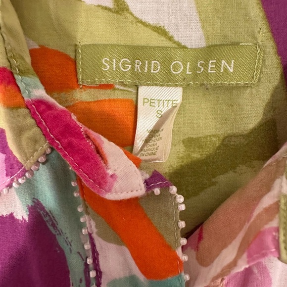 Sigrid Olsen Multicolor Floral Blouse Elegant Colorful Mature Pearl Detail Sz SP - Picture 3 of 10